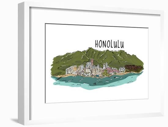 Honolulu, Hawaii - Cityscape - Line Drawing-Lantern Press-Framed Art Print