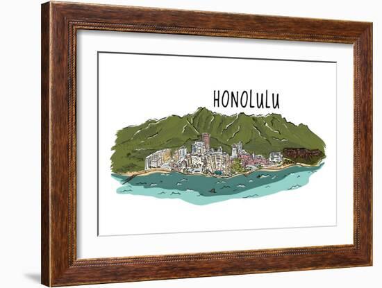 Honolulu, Hawaii - Cityscape - Line Drawing-Lantern Press-Framed Art Print