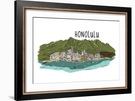 Honolulu, Hawaii - Cityscape - Line Drawing-Lantern Press-Framed Art Print