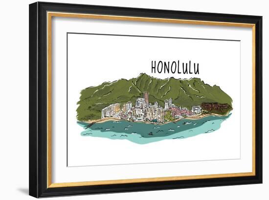Honolulu, Hawaii - Cityscape - Line Drawing-Lantern Press-Framed Art Print