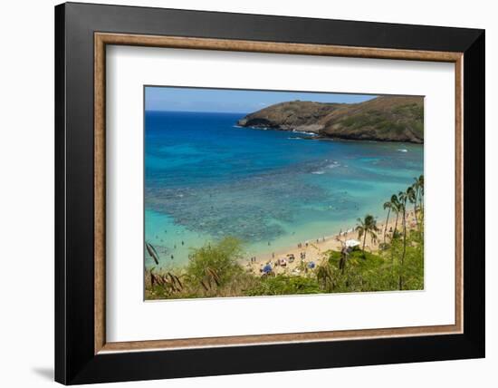 Honolulu, Hawaii, Oahu. Reef at Hanauma Bay coral from above snorkelers beach-Bill Bachmann-Framed Photographic Print