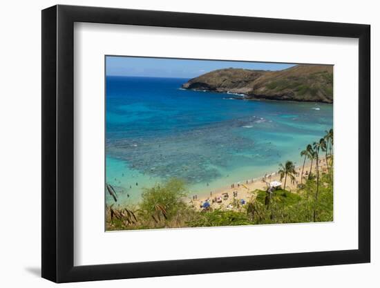 Honolulu, Hawaii, Oahu. Reef at Hanauma Bay coral from above snorkelers beach-Bill Bachmann-Framed Photographic Print