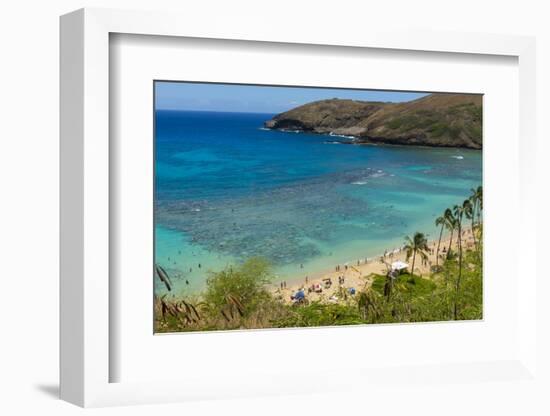 Honolulu, Hawaii, Oahu. Reef at Hanauma Bay coral from above snorkelers beach-Bill Bachmann-Framed Photographic Print