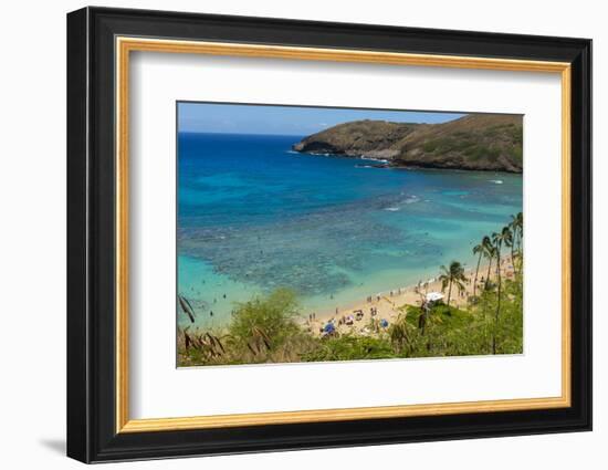 Honolulu, Hawaii, Oahu. Reef at Hanauma Bay coral from above snorkelers beach-Bill Bachmann-Framed Photographic Print