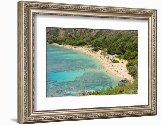 Honolulu, Hawaii, Oahu. Reef at Hanauma Bay coral from above snorkelers beach-Bill Bachmann-Framed Photographic Print