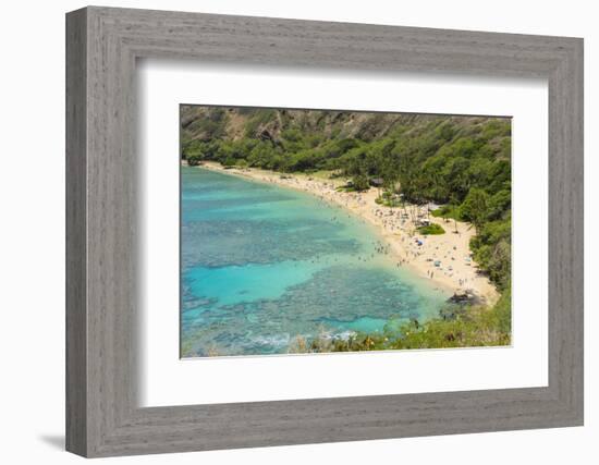 Honolulu, Hawaii, Oahu. Reef at Hanauma Bay coral from above snorkelers beach-Bill Bachmann-Framed Photographic Print