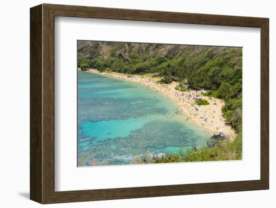 Honolulu, Hawaii, Oahu. Reef at Hanauma Bay coral from above snorkelers beach-Bill Bachmann-Framed Photographic Print