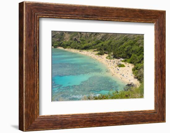 Honolulu, Hawaii, Oahu. Reef at Hanauma Bay coral from above snorkelers beach-Bill Bachmann-Framed Photographic Print