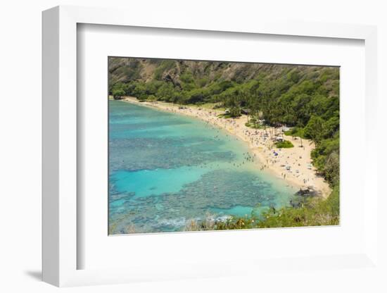 Honolulu, Hawaii, Oahu. Reef at Hanauma Bay coral from above snorkelers beach-Bill Bachmann-Framed Photographic Print