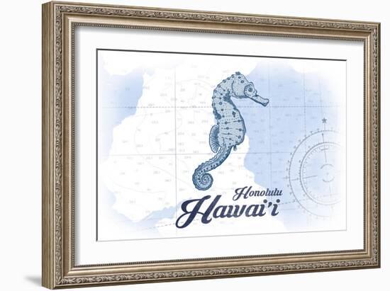 Honolulu, Hawaii - Seahorse - Blue - Coastal Icon-Lantern Press-Framed Art Print