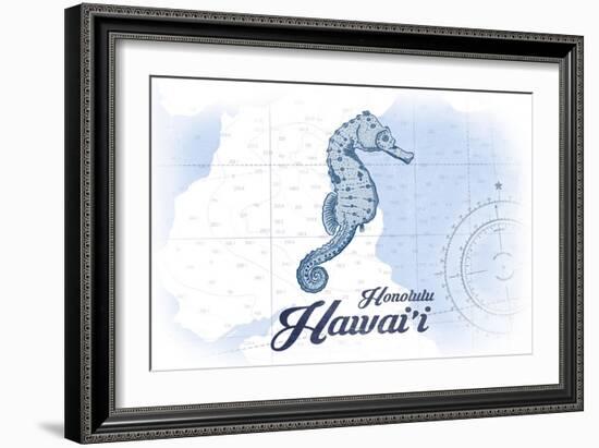 Honolulu, Hawaii - Seahorse - Blue - Coastal Icon-Lantern Press-Framed Art Print