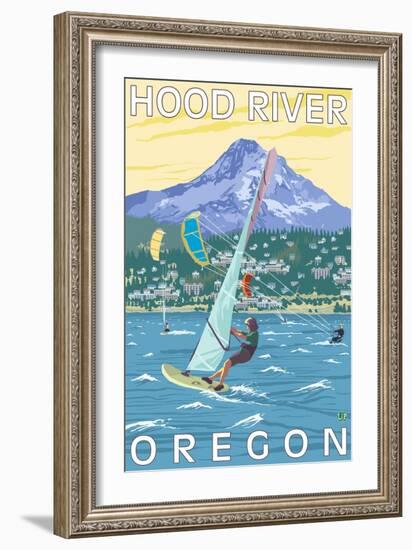 Hood River, OR - Wind Surfers & Kite Boarders-Lantern Press-Framed Art Print