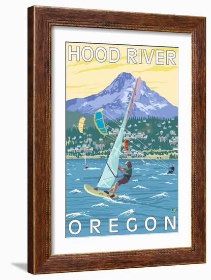 Hood River, OR - Wind Surfers & Kite Boarders-Lantern Press-Framed Art Print