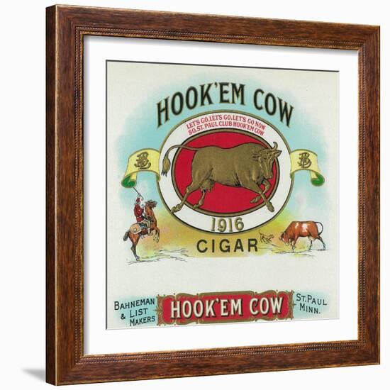 Hook'em Cow Brand Cigar Box Label-Lantern Press-Framed Art Print