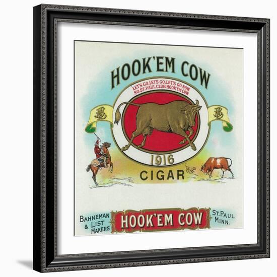 Hook'em Cow Brand Cigar Box Label-Lantern Press-Framed Art Print