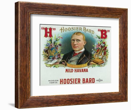 Hoosier Bard Brand Cigar Box Label, James Whitcomb Riley, American Author and Poet-Lantern Press-Framed Art Print