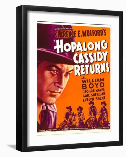 HOPALONG CASSIDY RETURNS, left: William Boyd on window card, 1936-null-Framed Art Print