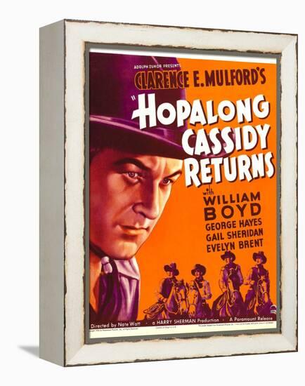 HOPALONG CASSIDY RETURNS, left: William Boyd on window card, 1936-null-Framed Stretched Canvas