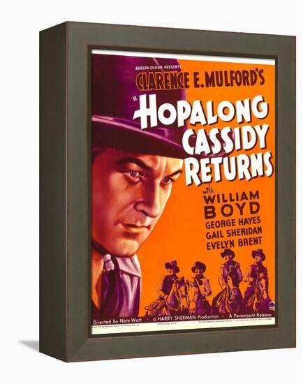 HOPALONG CASSIDY RETURNS, left: William Boyd on window card, 1936-null-Framed Stretched Canvas