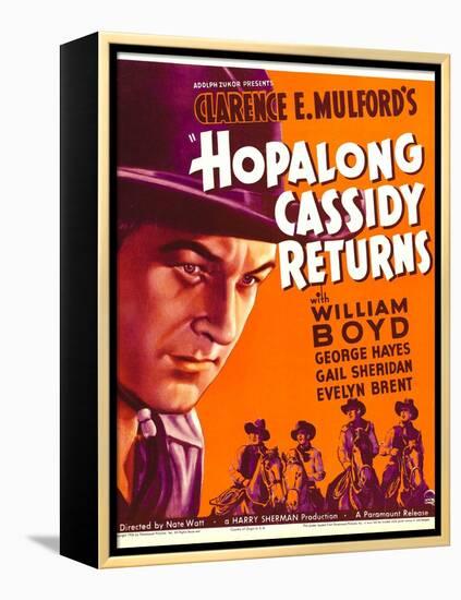 HOPALONG CASSIDY RETURNS, left: William Boyd on window card, 1936-null-Framed Stretched Canvas