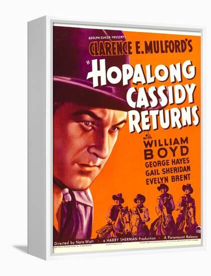 HOPALONG CASSIDY RETURNS, left: William Boyd on window card, 1936-null-Framed Stretched Canvas