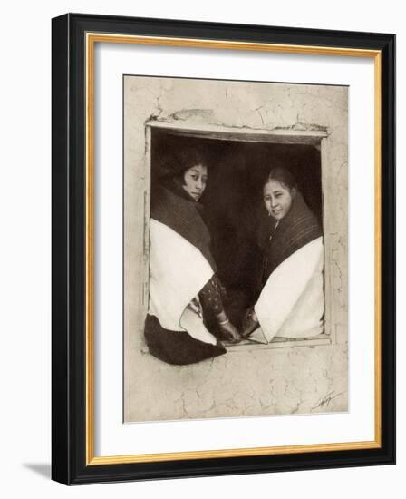 Hopi Girls in an Adobe Window, 1900-null-Framed Photographic Print