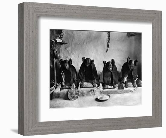 Hopi Grinding Grain, C1906-Edward S^ Curtis-Framed Photographic Print