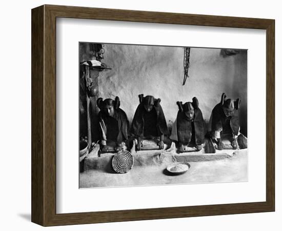 Hopi Grinding Grain, C1906-Edward S^ Curtis-Framed Photographic Print