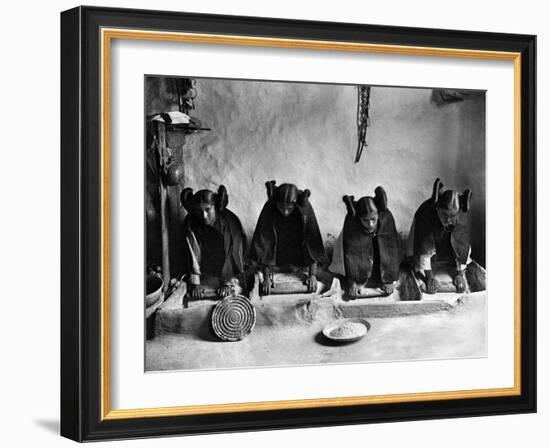 Hopi Grinding Grain, C1906-Edward S^ Curtis-Framed Photographic Print