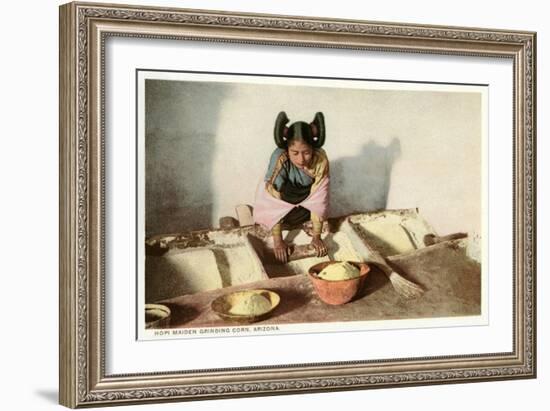 Hopi Maiden Grinding Corn-null-Framed Art Print