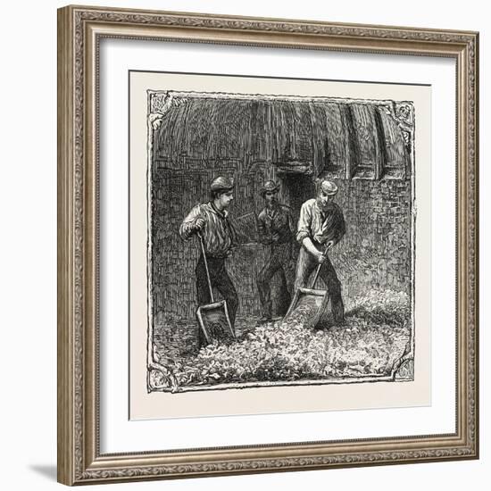 Hops and Hop Pickers, in a Kentish Hop Garden, Kent, England, Turning Hops in the Kiln, 1876, Uk-null-Framed Giclee Print