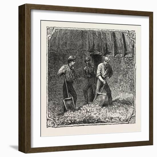 Hops and Hop Pickers, in a Kentish Hop Garden, Kent, England, Turning Hops in the Kiln, 1876, Uk-null-Framed Giclee Print