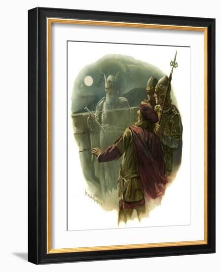 Horatio sees the ghost of the King of Denmark in Hamlet-Harold Copping-Framed Giclee Print