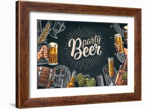 Horizontal Poster Beer Set with Tap, Glass, Bottle, Hop Branch with Leaf, Ear of Barley, Barrel, Ta-MoreVector-Framed Art Print