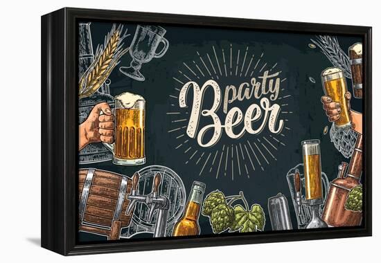 Horizontal Poster Beer Set with Tap, Glass, Bottle, Hop Branch with Leaf, Ear of Barley, Barrel, Ta-MoreVector-Framed Stretched Canvas