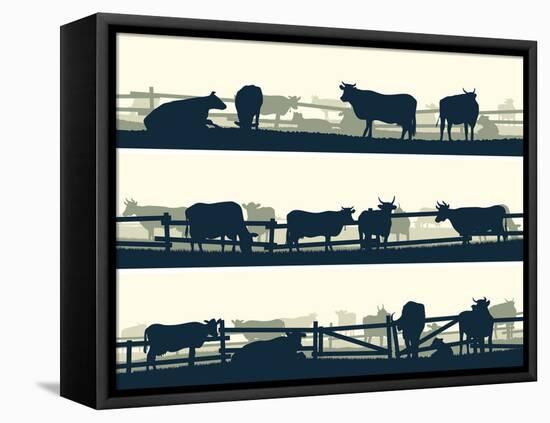 Horizontal Vector Banner Farm Fields with Fence and Farm Animals.-Vertyr-Framed Stretched Canvas