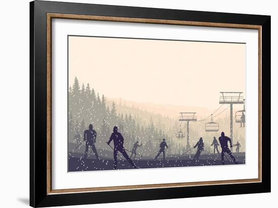 Horizontal Vector Illustration Skiers in Hills of Coniferous Forest at Snowfall Sunset.-Vertyr-Framed Art Print