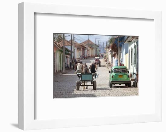 Horse and Cart and Vintage American Car on Cobbled Street in the Historic Centre of Trinidad-Lee Frost-Framed Photographic Print