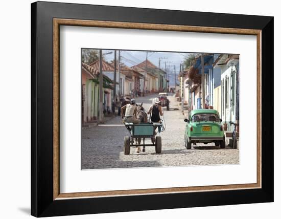 Horse and Cart and Vintage American Car on Cobbled Street in the Historic Centre of Trinidad-Lee Frost-Framed Photographic Print