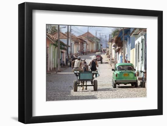 Horse and Cart and Vintage American Car on Cobbled Street in the Historic Centre of Trinidad-Lee Frost-Framed Photographic Print