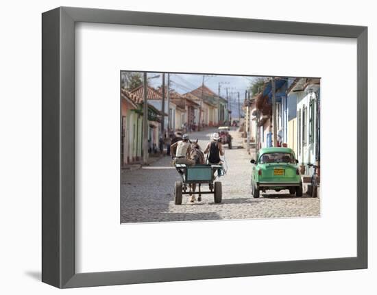 Horse and Cart and Vintage American Car on Cobbled Street in the Historic Centre of Trinidad-Lee Frost-Framed Photographic Print