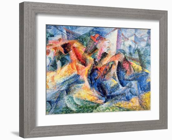 Horse and Rider and Buildings, 1914-Umberto Boccioni-Framed Giclee Print