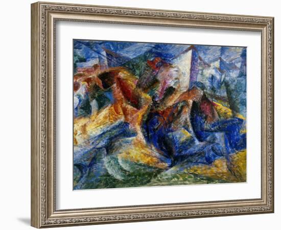 Horse and Rider and Buildings, 1914-Umberto Boccioni-Framed Giclee Print