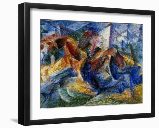 Horse and Rider and Buildings, 1914-Umberto Boccioni-Framed Giclee Print
