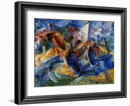 Horse and Rider and Buildings, 1914-Umberto Boccioni-Framed Giclee Print