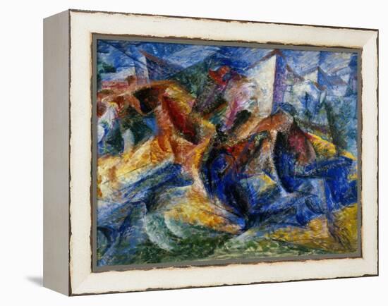 Horse and Rider and Buildings, 1914-Umberto Boccioni-Framed Premier Image Canvas