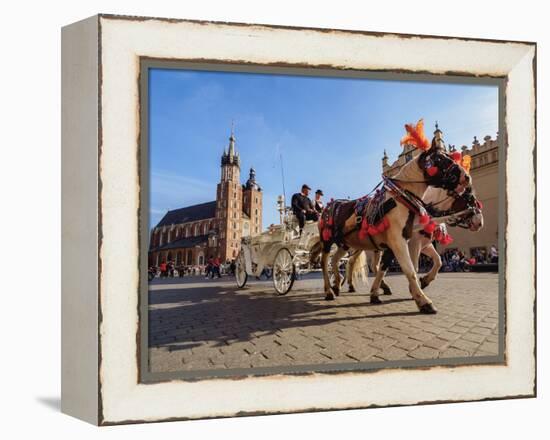 Horse Carriage with St. Mary Basilica in the background, Main Market Square, Cracow, Lesser Poland-Karol Kozlowski-Framed Premier Image Canvas