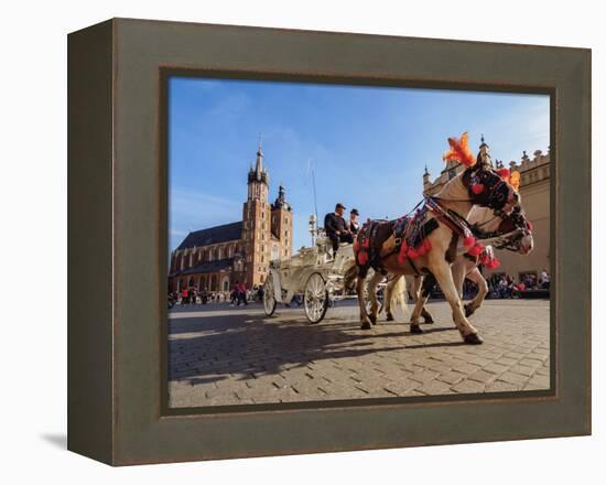 Horse Carriage with St. Mary Basilica in the background, Main Market Square, Cracow, Lesser Poland-Karol Kozlowski-Framed Premier Image Canvas