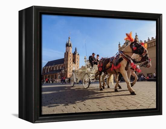 Horse Carriage with St. Mary Basilica in the background, Main Market Square, Cracow, Lesser Poland-Karol Kozlowski-Framed Premier Image Canvas