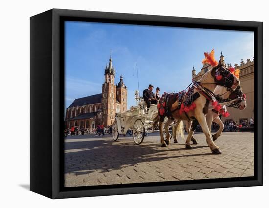 Horse Carriage with St. Mary Basilica in the background, Main Market Square, Cracow, Lesser Poland-Karol Kozlowski-Framed Premier Image Canvas
